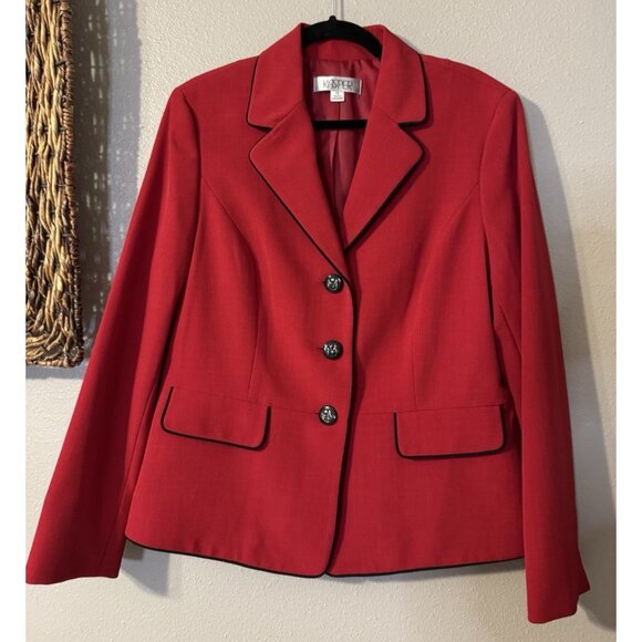 Kasper Suit Jacket Blazer 14 Red Black Trim Classic 3 Button Stretch - Picture 8 of 13